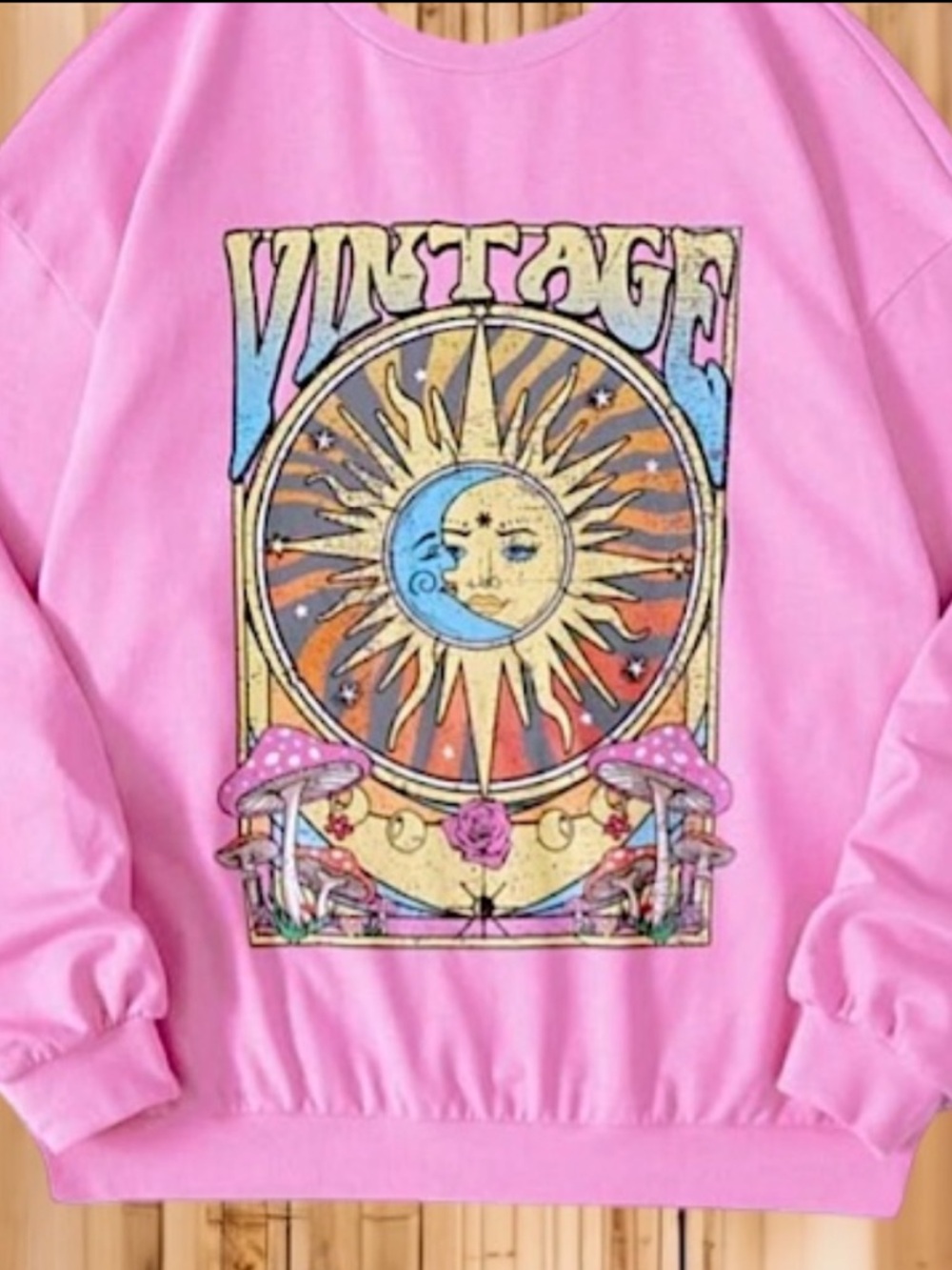Pink Colorful Boho Retro Chic Celestial Sun Moon Mushroom Graphic Sweatshirt